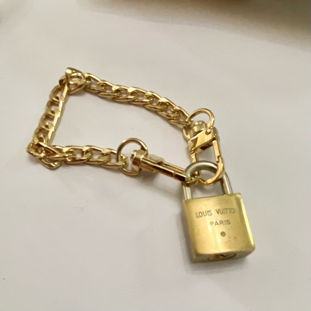 Vintage, Louis Vuitton Brass Padlock with 7-8in Gold Tone Chain Bracelet (A)