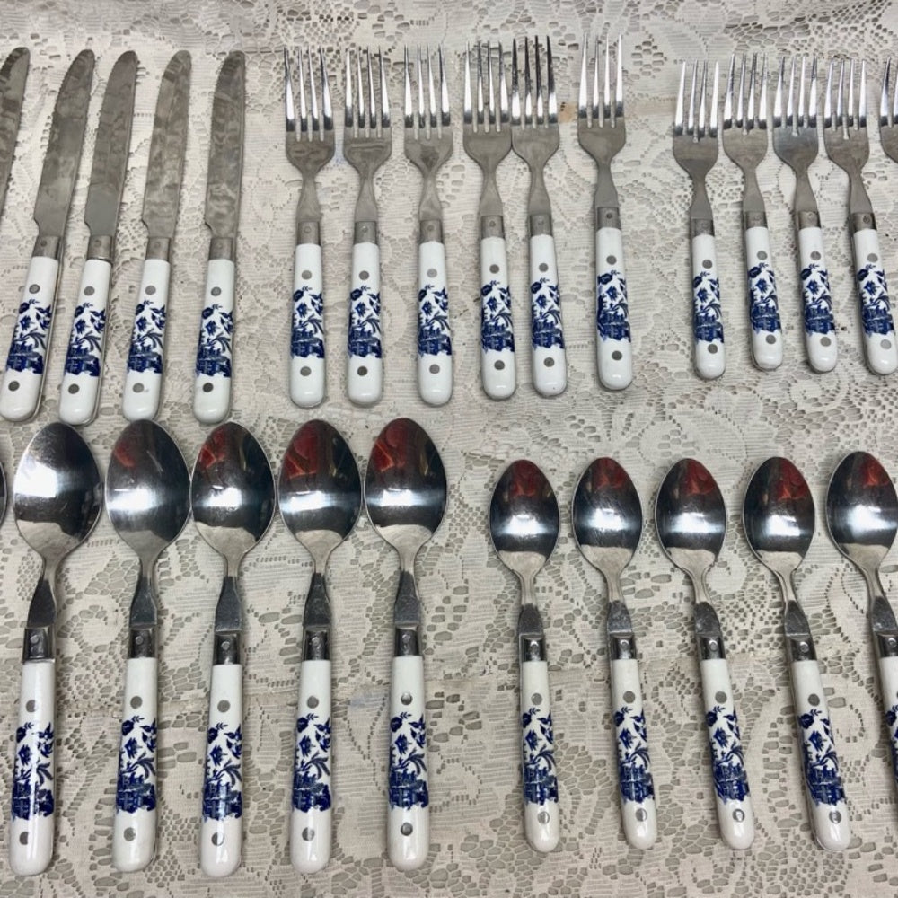 Vintage, Stainless China, 30-pc Blue Willow Flatware, Svc for 6