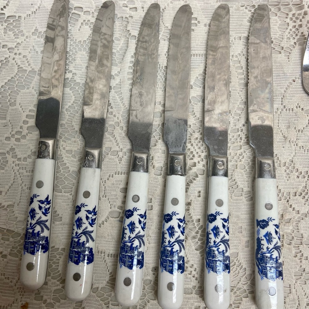 Vintage, Stainless China, 30-pc Blue Willow Flatware, Svc for 6