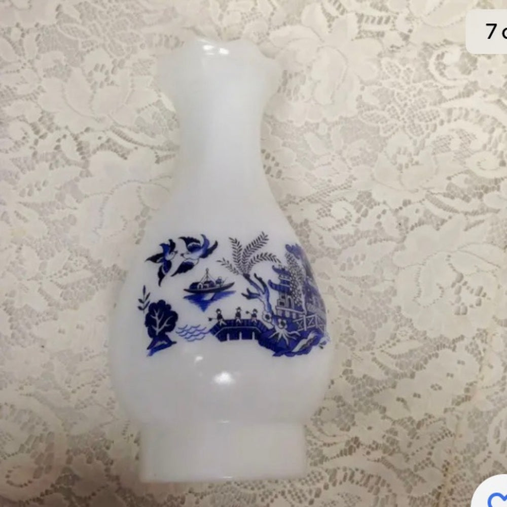 Vintage, Blue Willow Large Milk Glass Chimney 10in H x 5.5in W