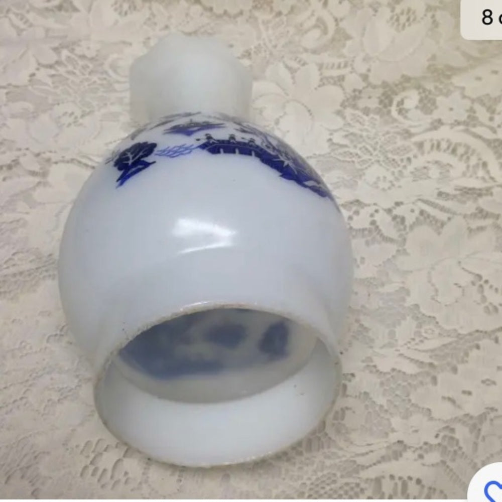 Vintage, Blue Willow Large Milk Glass Chimney 10in H x 5.5in W