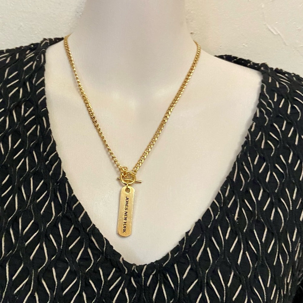 Jones of New York,  1.5in x 1/2in Tag Gold Tone Pendant Necklace