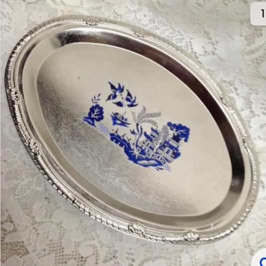 Vintage  Blue Willow Silver Plated Serving Tray- 12in x 8.5in