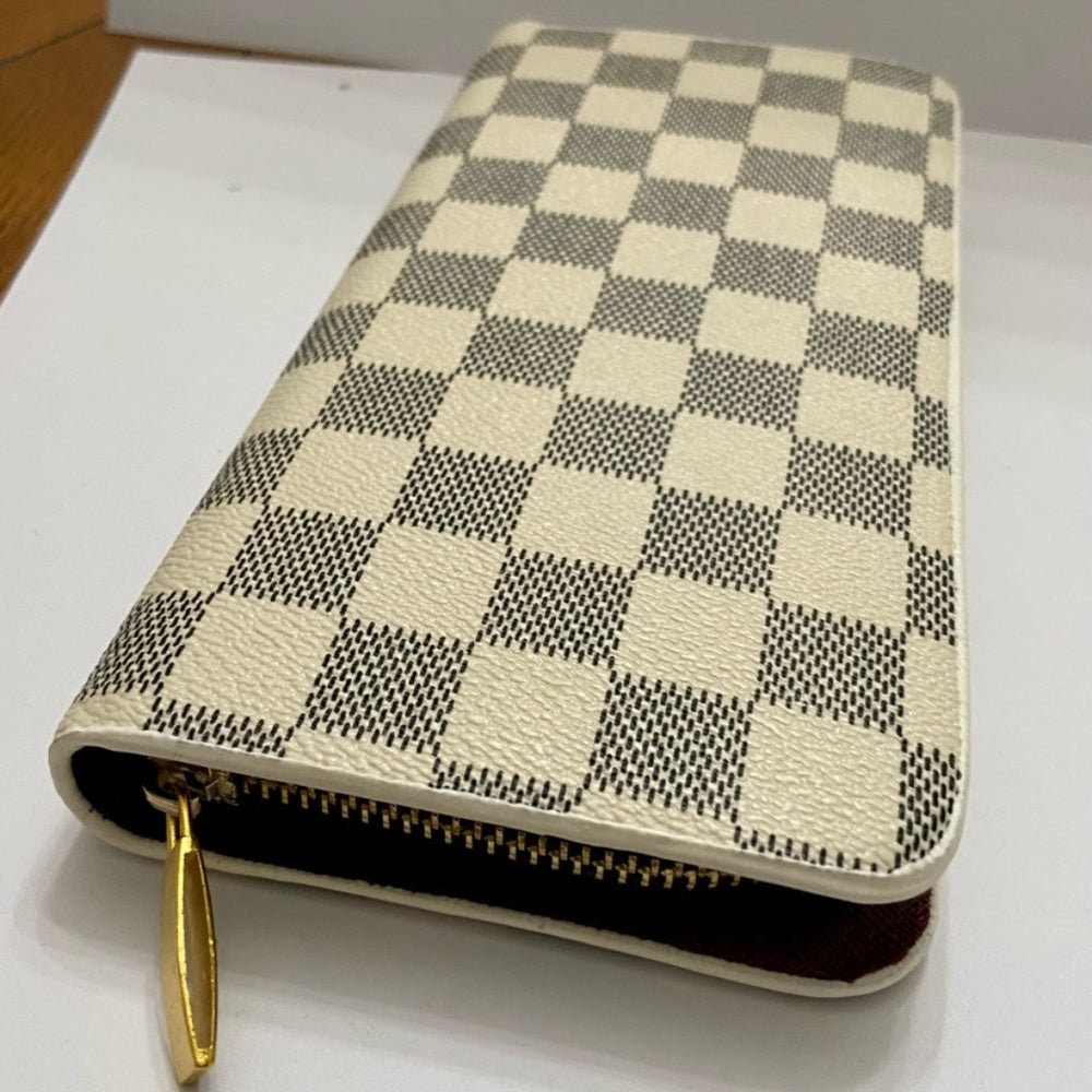 White and Blue Plaid Faux Leather Zippy Long Wallet 8in x 4in