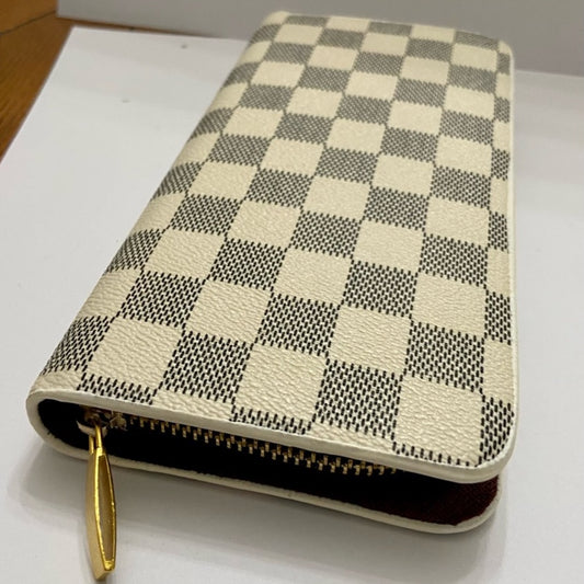 White and Blue Plaid Faux Leather Zippy Long Wallet 8in x 4in