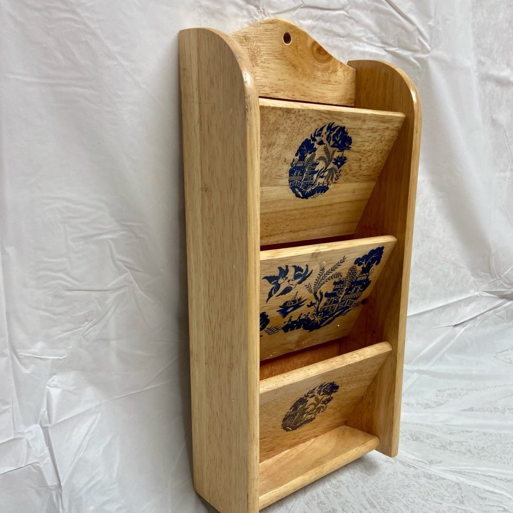 Vintage, Blue Willow  Wooden Bills or Mail Rack 12inH x 6.5nW x2.5in