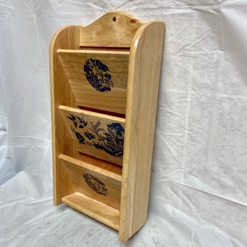 Vintage, Blue Willow  Wooden Bills or Mail Rack 12inH x 6.5nW x2.5in