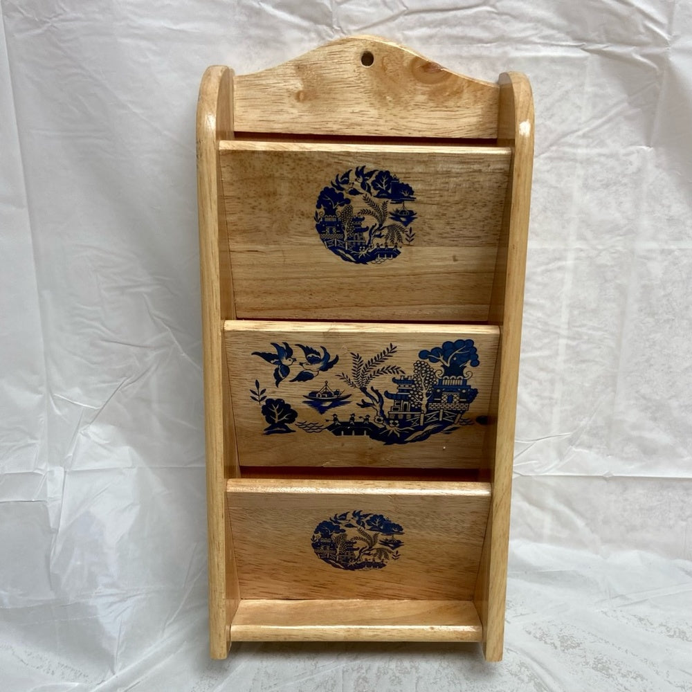 Vintage, Blue Willow  Wooden Bills or Mail Rack 12inH x 6.5nW x2.5in