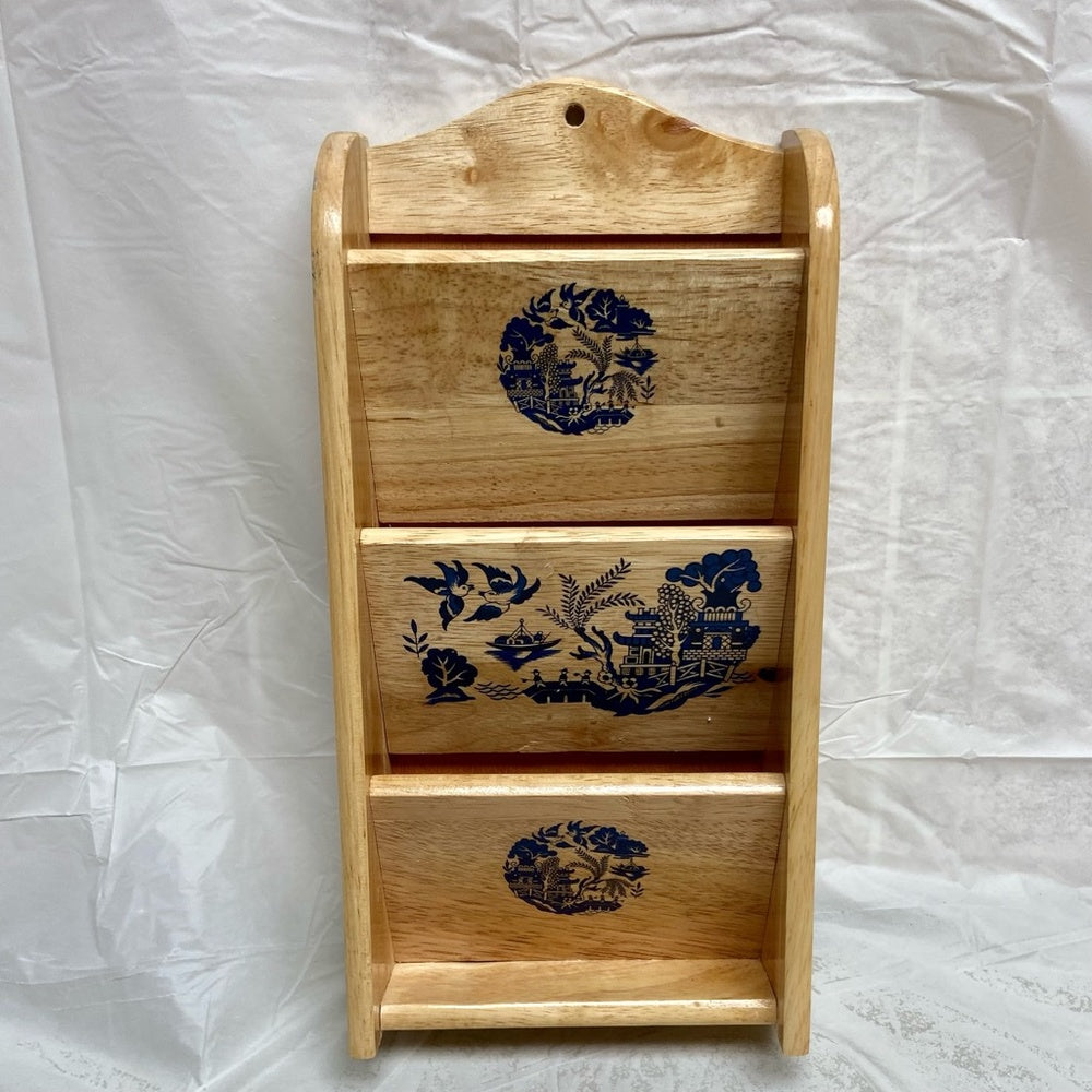 Vintage, Blue Willow  Wooden Bills or Mail Rack 12inH x 6.5nW x2.5in
