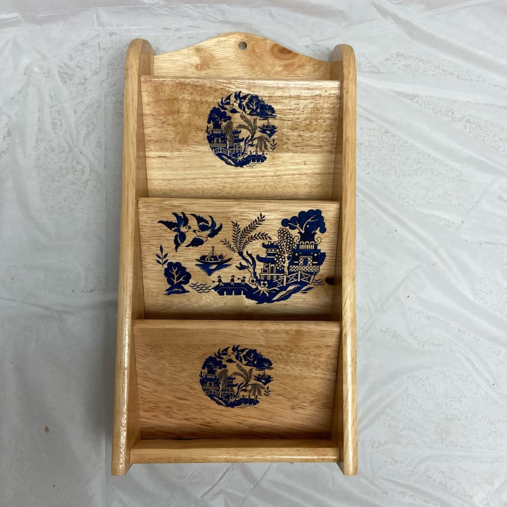 Vintage, Blue Willow  Wooden Bills or Mail Rack 12inH x 6.5nW x2.5in