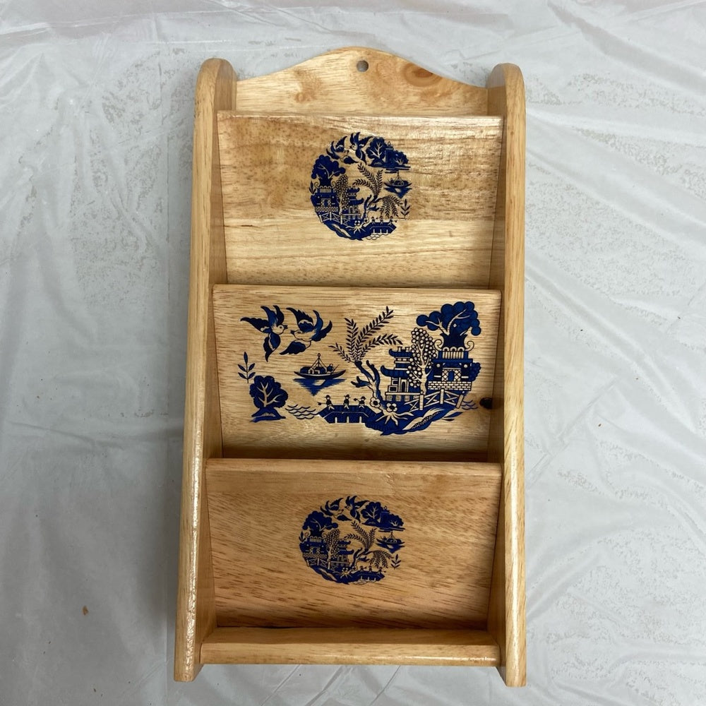 Vintage, Blue Willow  Wooden Bills or Mail Rack 12inH x 6.5nW x2.5in