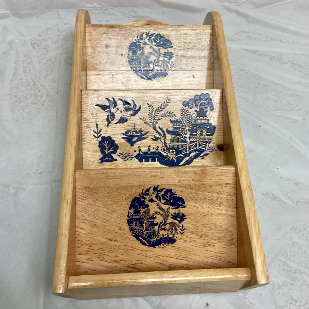 Vintage, Blue Willow  Wooden Bills or Mail Rack 12inH x 6.5nW x2.5in