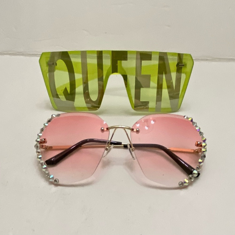 Lot of 2 Vintage Sunglasses- Queen Green Squarish and Pinkish with Rhinestones