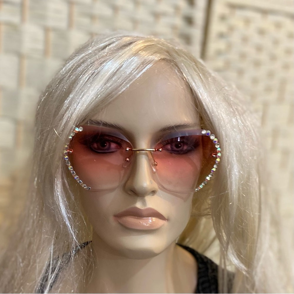 Lot of 2 Vintage Sunglasses- Queen Green Squarish and Pinkish with Rhinestones