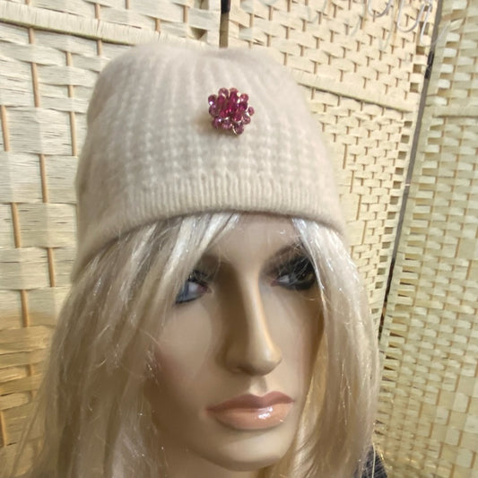 Elegant Angora-Wool White Beanie Hat with Rhinestones Accent