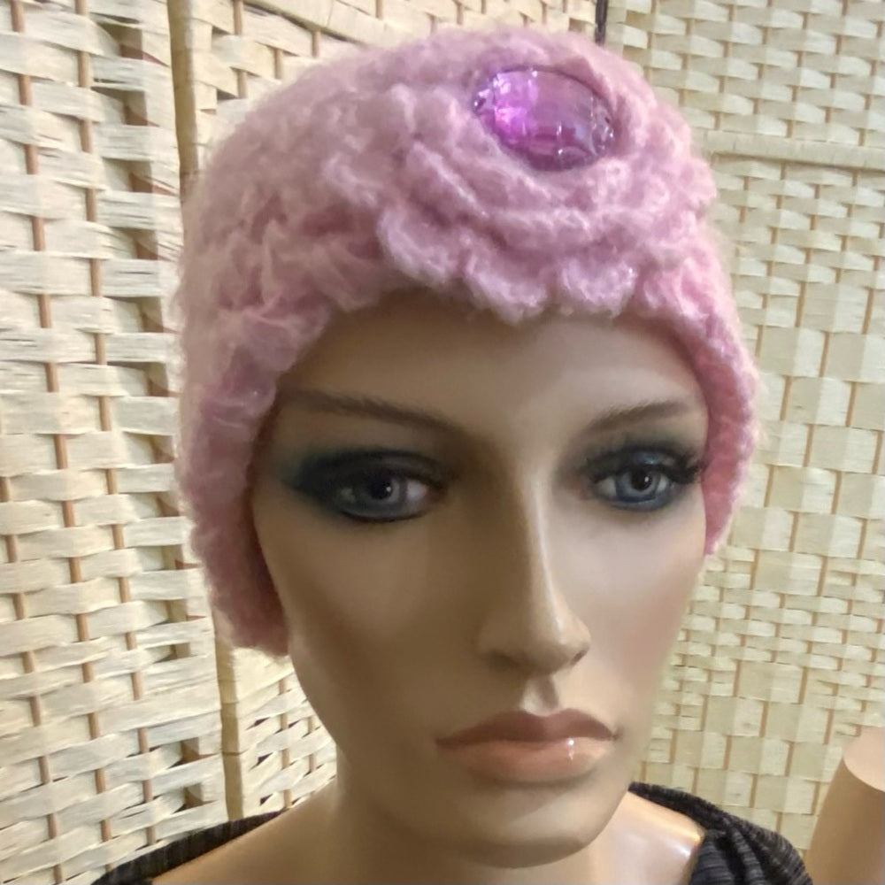 Beautiful, Black Knitted Beanie Hat with Handcrafted Floral Accent