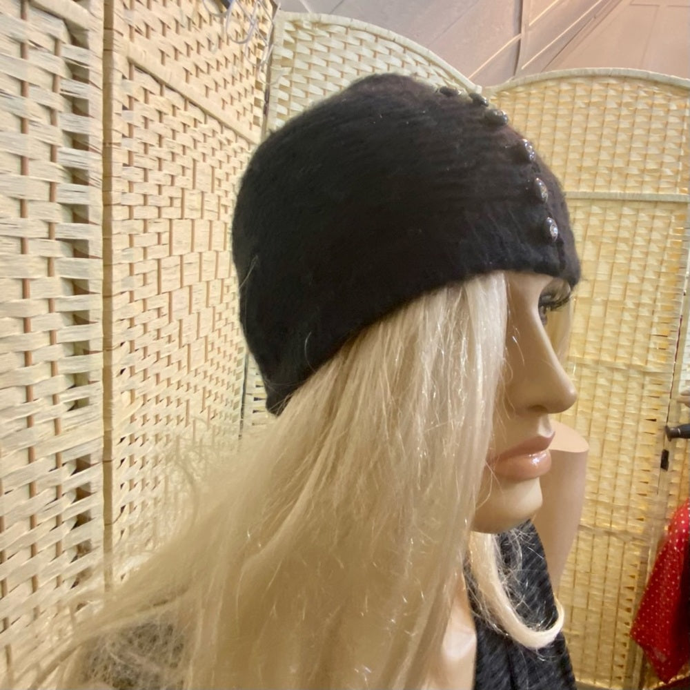 Beautiful, Black Knitted Beanie Hat with Handcrafted Floral Accent