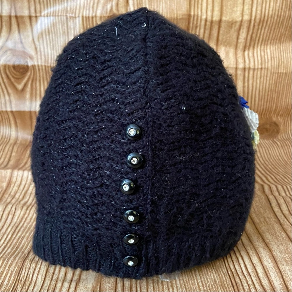 Beautiful, Black Knitted Beanie Hat with Handcrafted Floral Accent