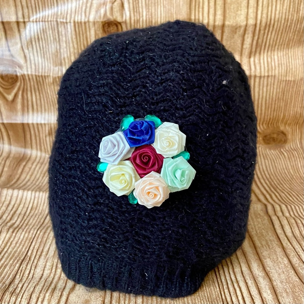 Beautiful, Black Knitted Beanie Hat with Handcrafted Floral Accent