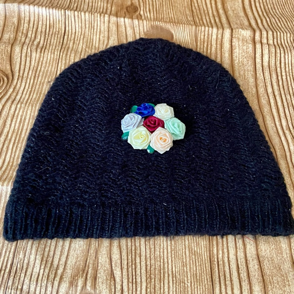 Beautiful, Black Knitted Beanie Hat with Handcrafted Floral Accent