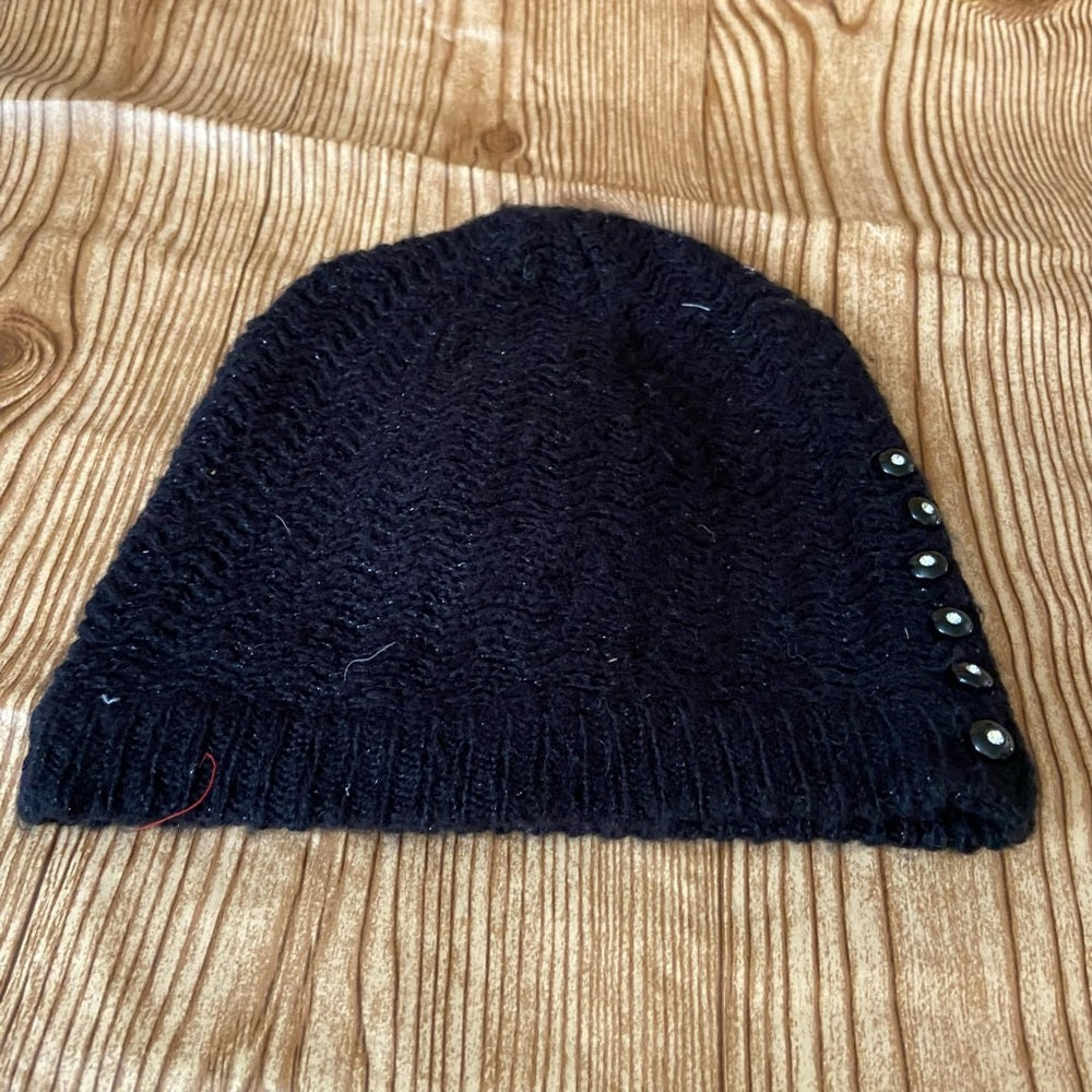 Beautiful, Black Knitted Beanie Hat with Handcrafted Floral Accent