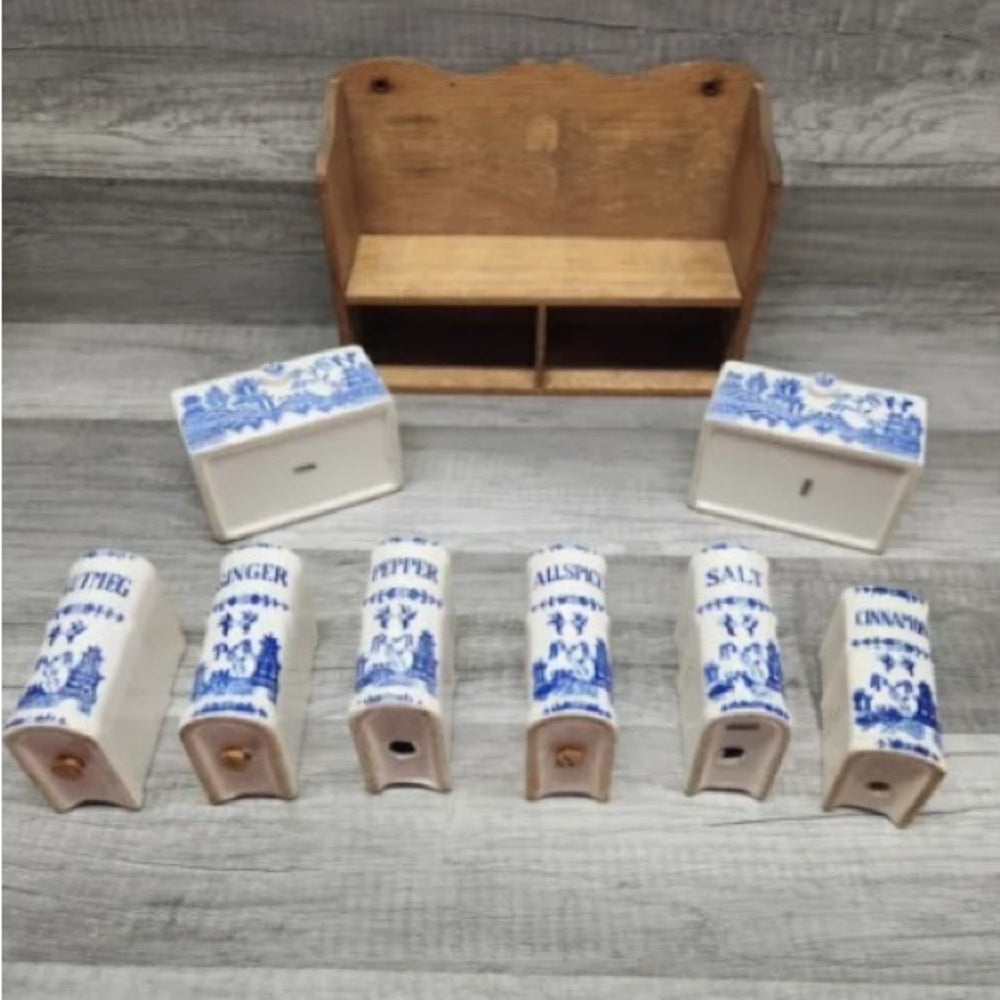Vintage, Rare, Japan, 9-pc Blue Willow Shaker Set  with Wooden Rack