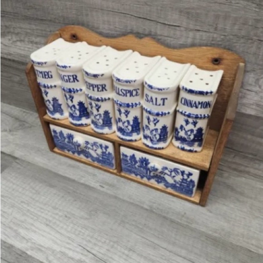 Vintage, Rare, Japan, 9-pc Blue Willow Shaker Set  with Wooden Rack