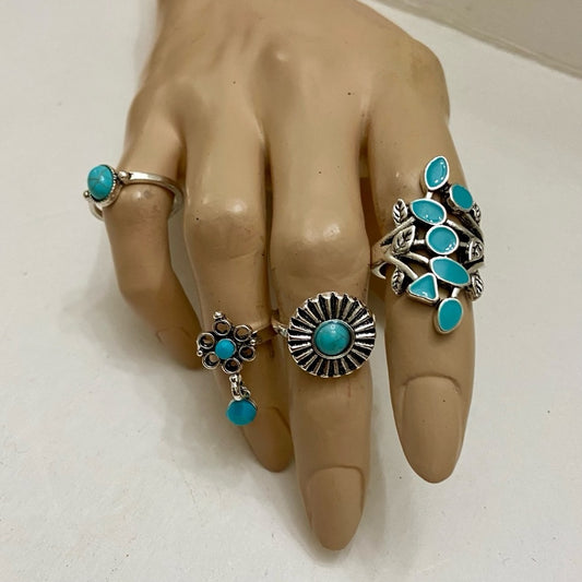 Vintage 4pc Silver Tone- Faux Turquoise Rings (A)