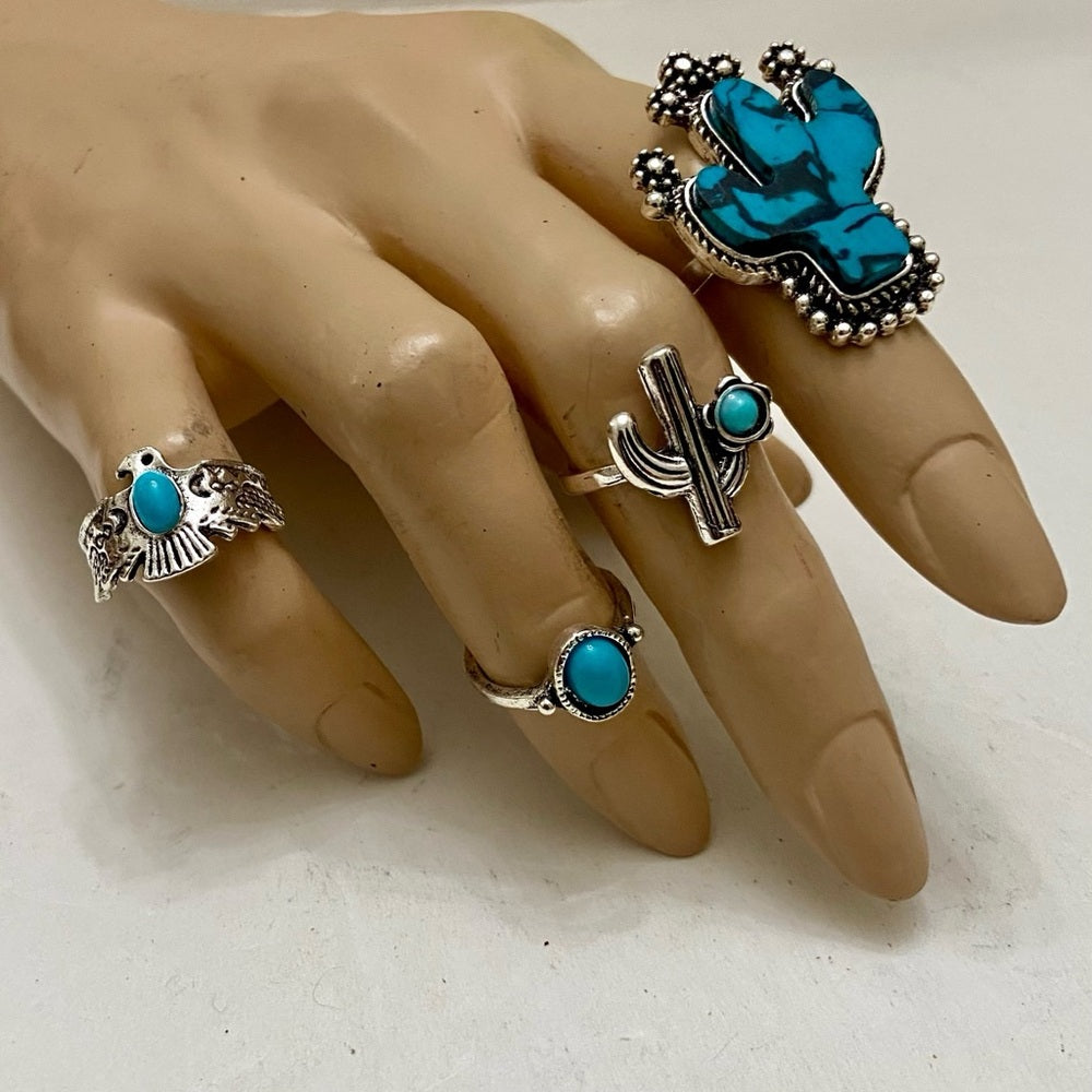 Vintage 4pc Silver Tone- Faux Turquoise Rings (B)