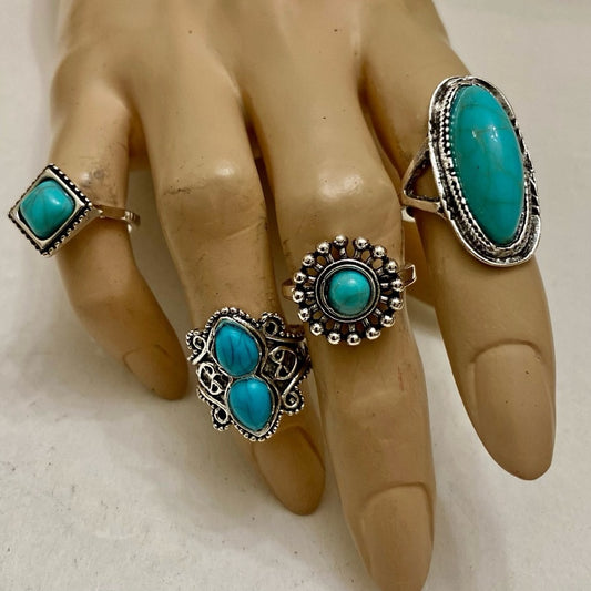 Vintage 4pc Silver Tone- Faux Turquoise Rings (H)