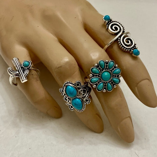 Vintage 4pc Silver Tone- Faux Turquoise Rings (I)