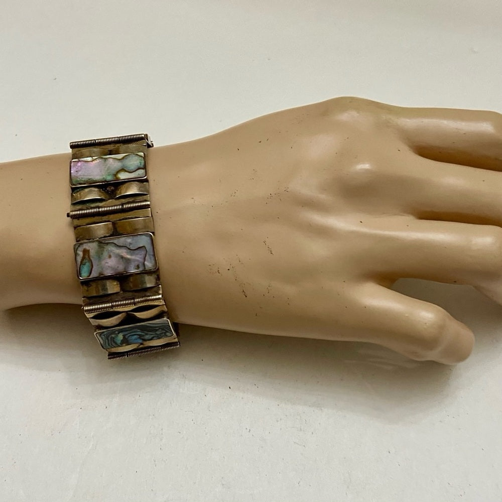 Vintage,  1940s  Silver- Abalone Alpaca Mexico Bracelet 8in x 1in