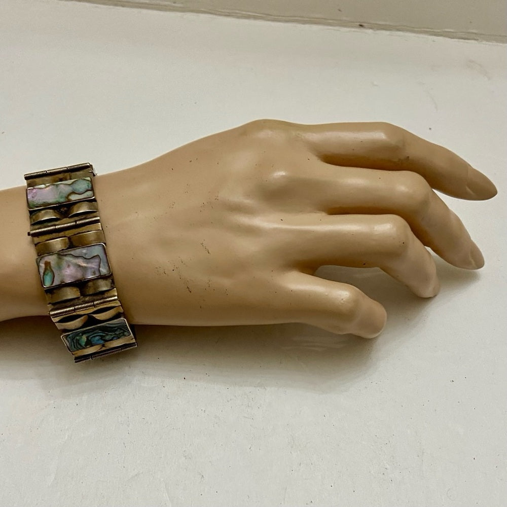 Vintage,  1940s  Silver- Abalone Alpaca Mexico Bracelet 8in x 1in