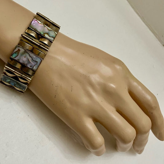 Vintage,  1940s  Silver- Abalone Alpaca Mexico Bracelet 8in x 1in