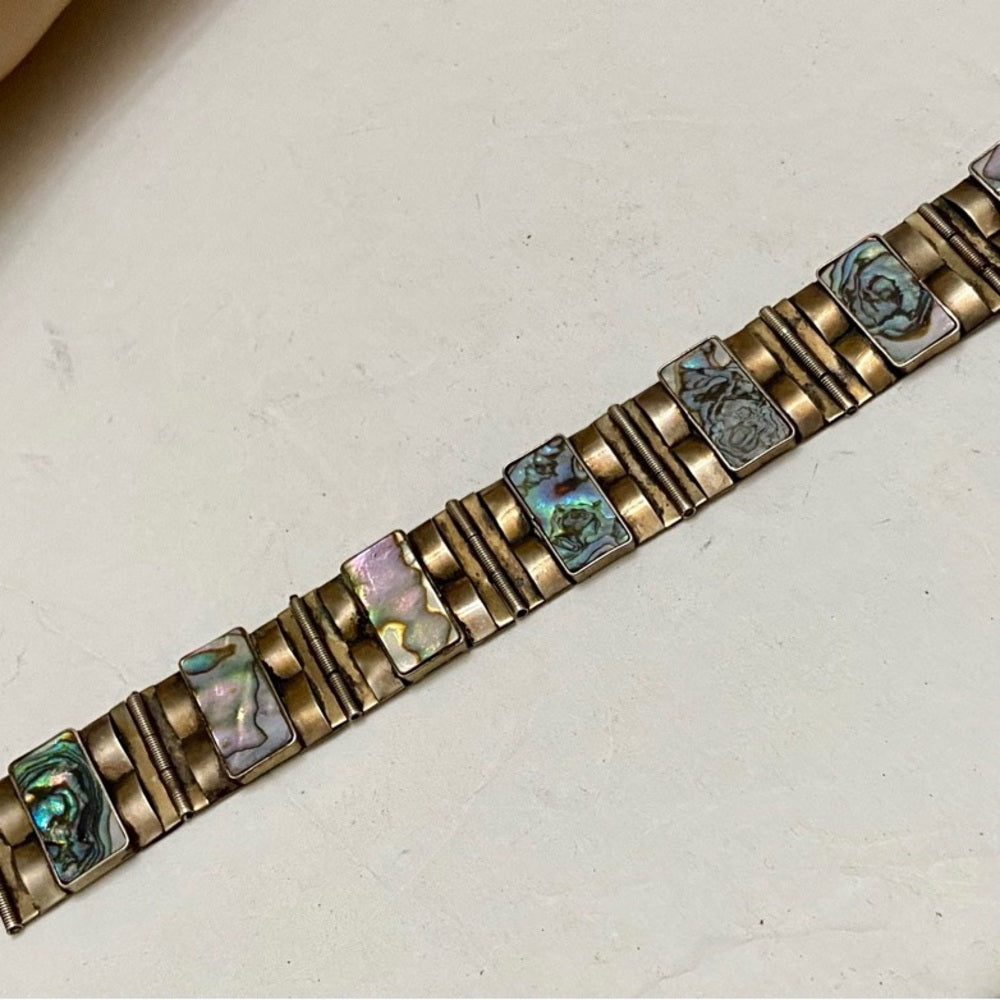 Vintage,  1940s  Silver- Abalone Alpaca Mexico Bracelet 8in x 1in