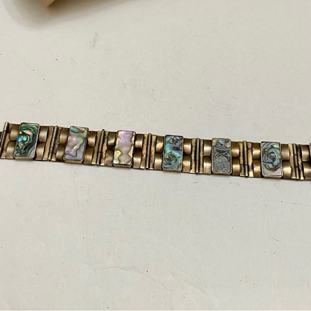 Vintage,  1940s  Silver- Abalone Alpaca Mexico Bracelet 8in x 1in