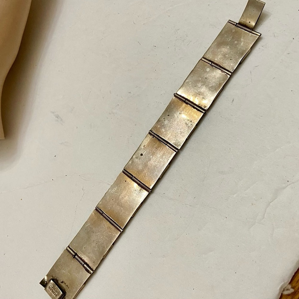Vintage,  1940s  Silver- Abalone Alpaca Mexico Bracelet 8in x 1in