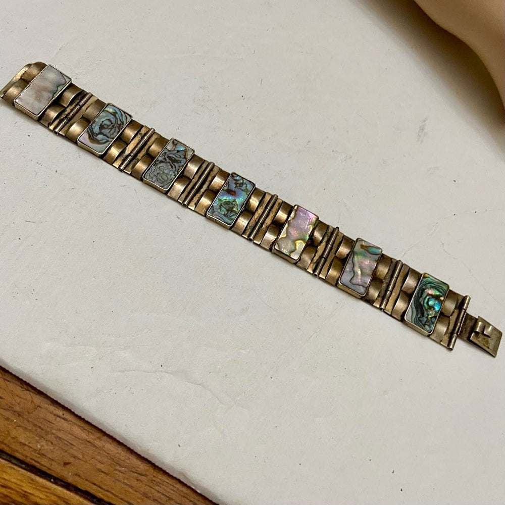 Vintage,  1940s  Silver- Abalone Alpaca Mexico Bracelet 8in x 1in