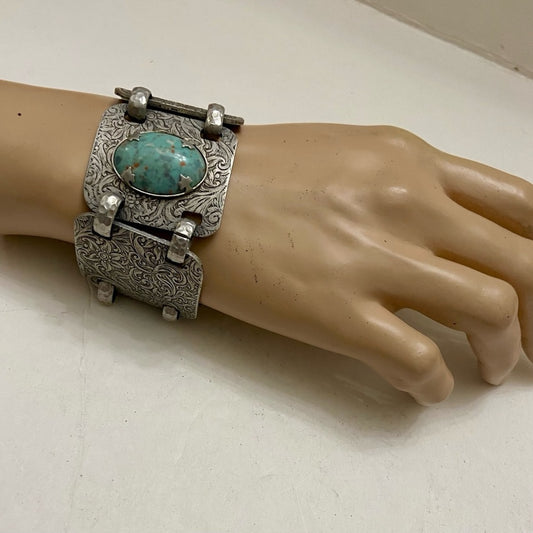 Vintage,  1940s  Engraved and Hammered Aluminum Bracelet 7.5in x 1.5in