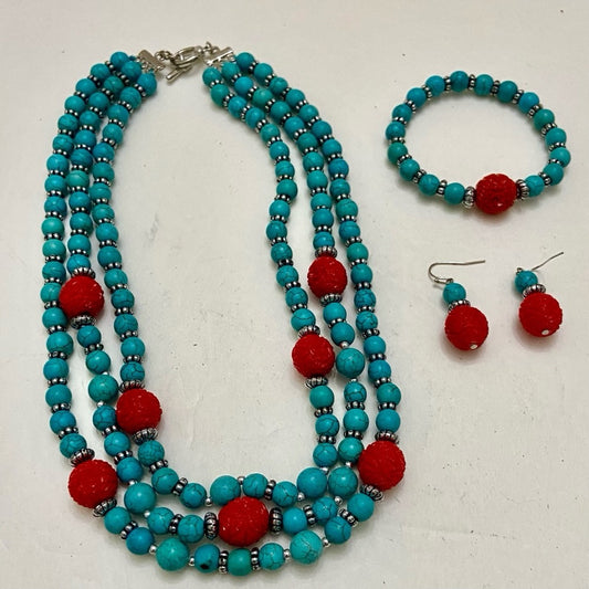 Vintage, 3-pc Turquoise-Coral Beaded Necklace, Bracelet and Earrings Set