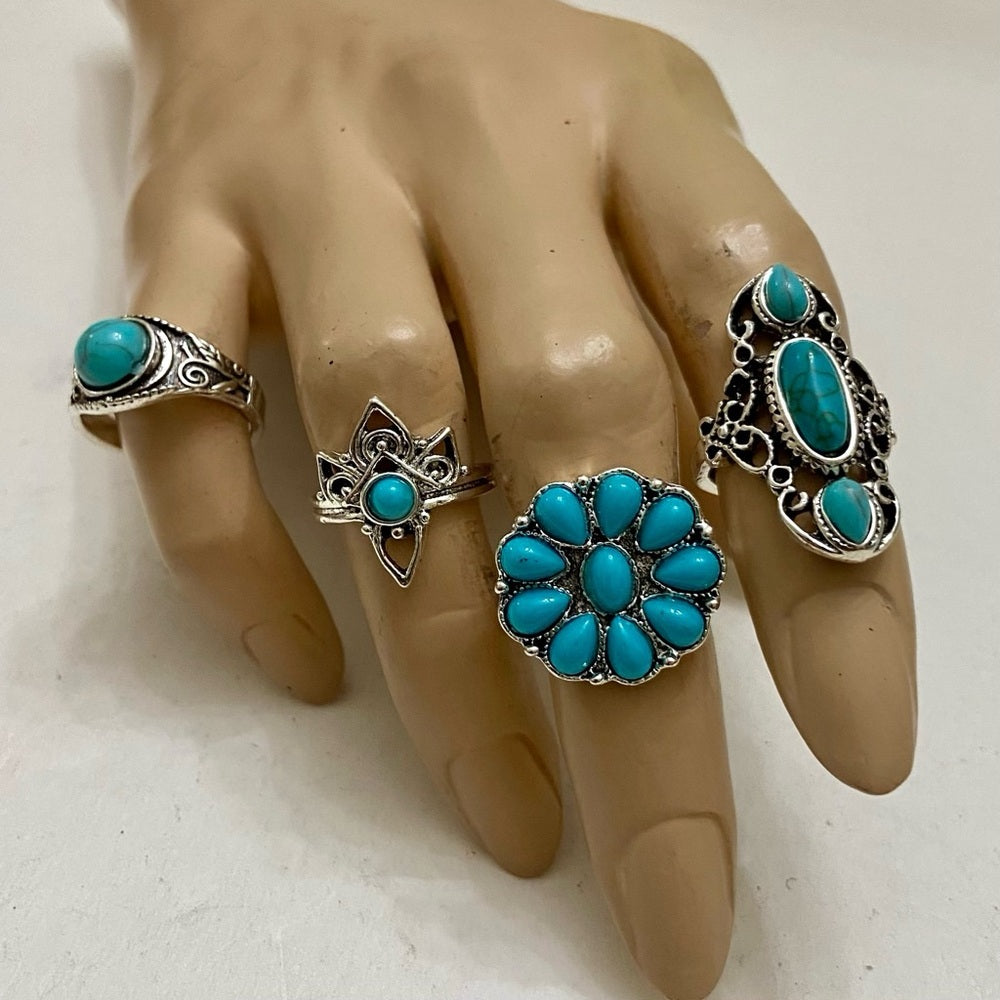 Vintage, 4pc Silver Tone- Faux Turquoise Rings (C)
