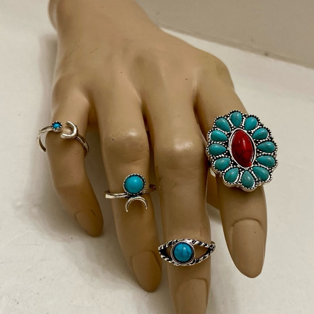 Vintage, 4pc Silver Tone- Faux Turquoise Rings (C)