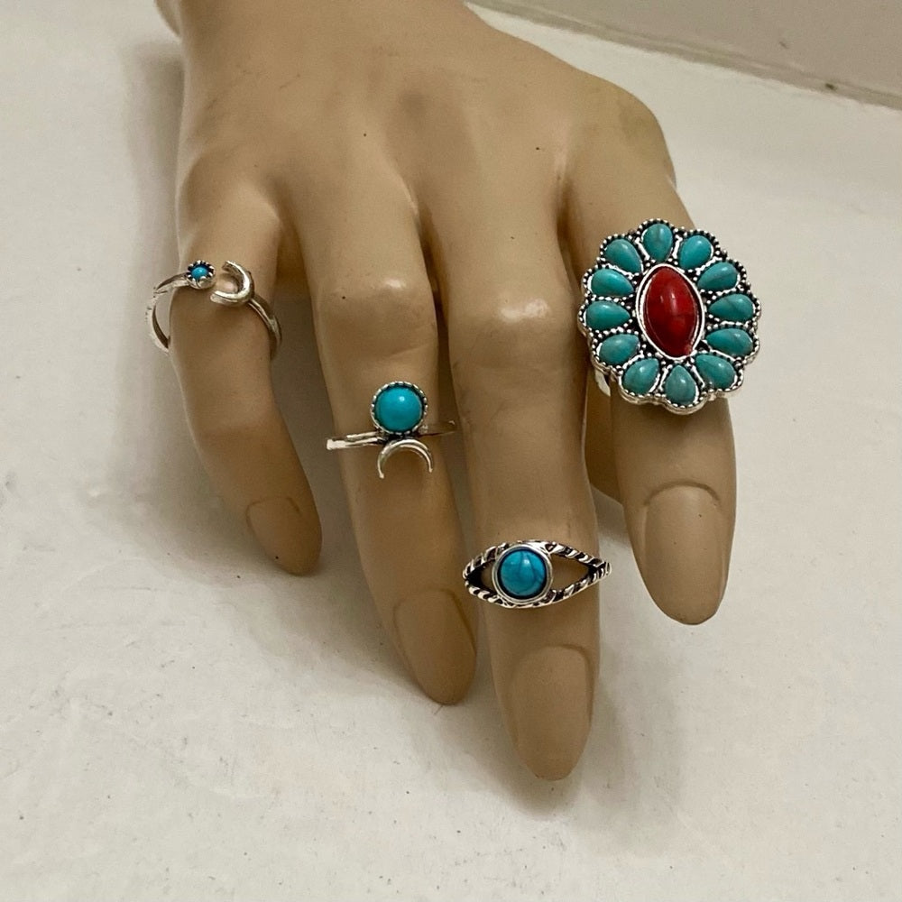 Vintage, 4pc Silver Tone- Faux Turquoise Rings (C)
