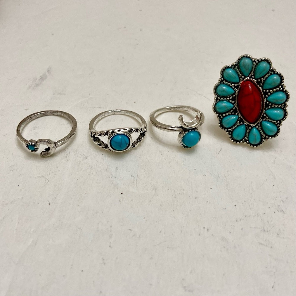 Vintage, 4pc Silver Tone- Faux Turquoise Rings (C)