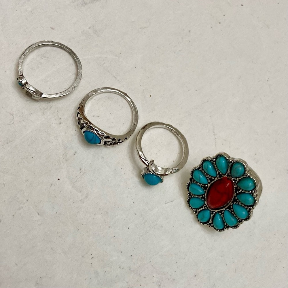 Vintage, 4pc Silver Tone- Faux Turquoise Rings (C)