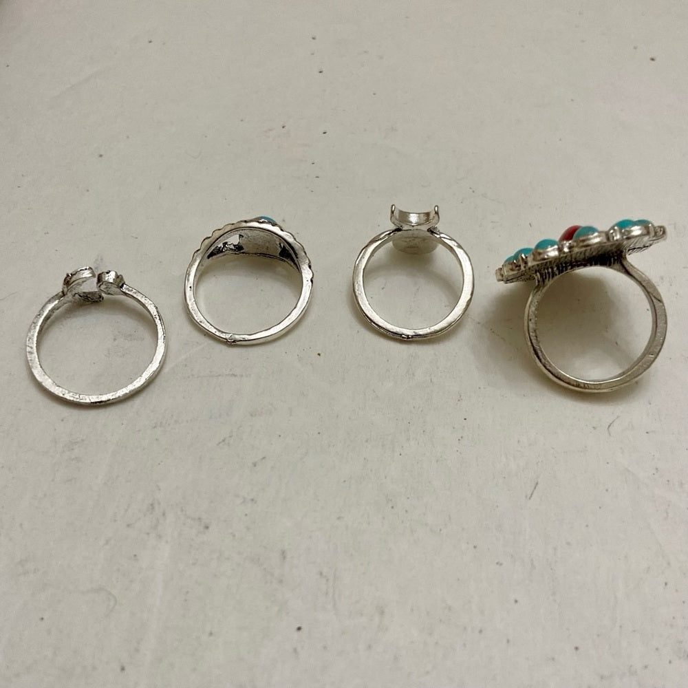 Vintage, 4pc Silver Tone- Faux Turquoise Rings (C)