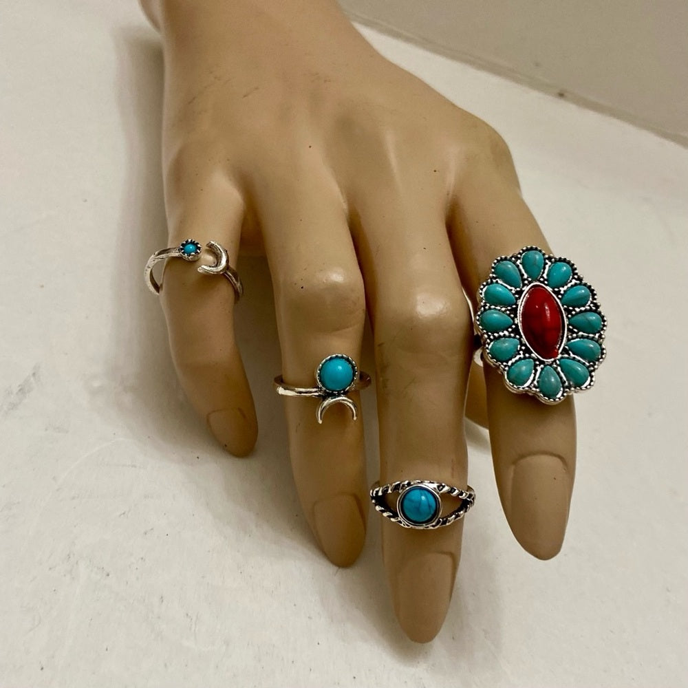 Vintage, 4pc Silver Tone- Faux Turquoise Rings (C)