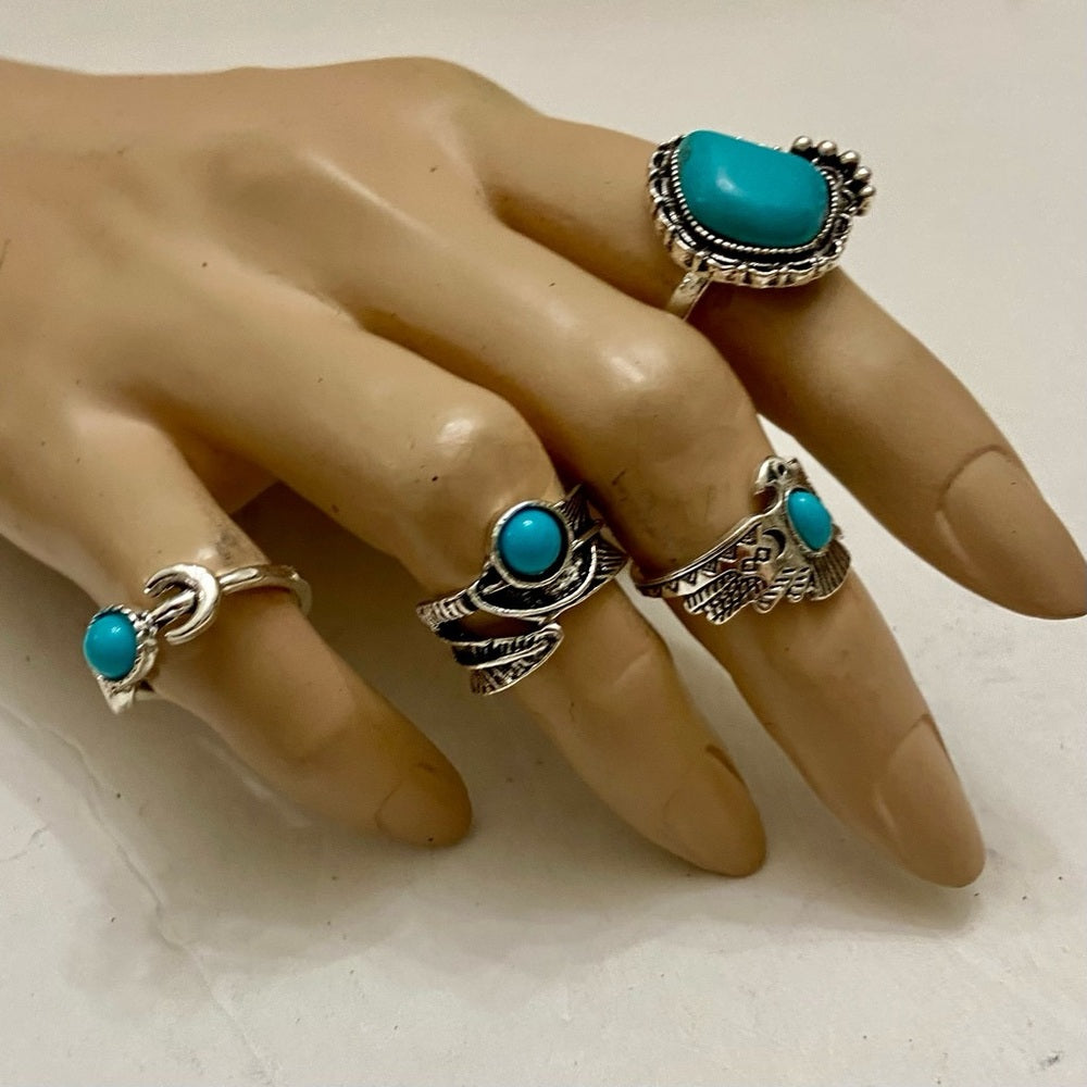 Vintage, 4pc Silver Tone- Faux Turquoise Rings (E)