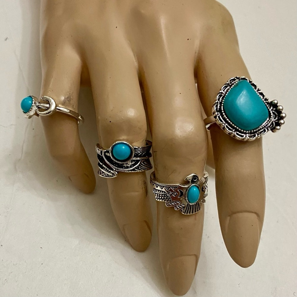 Vintage, 4pc Silver Tone- Faux Turquoise Rings (E)