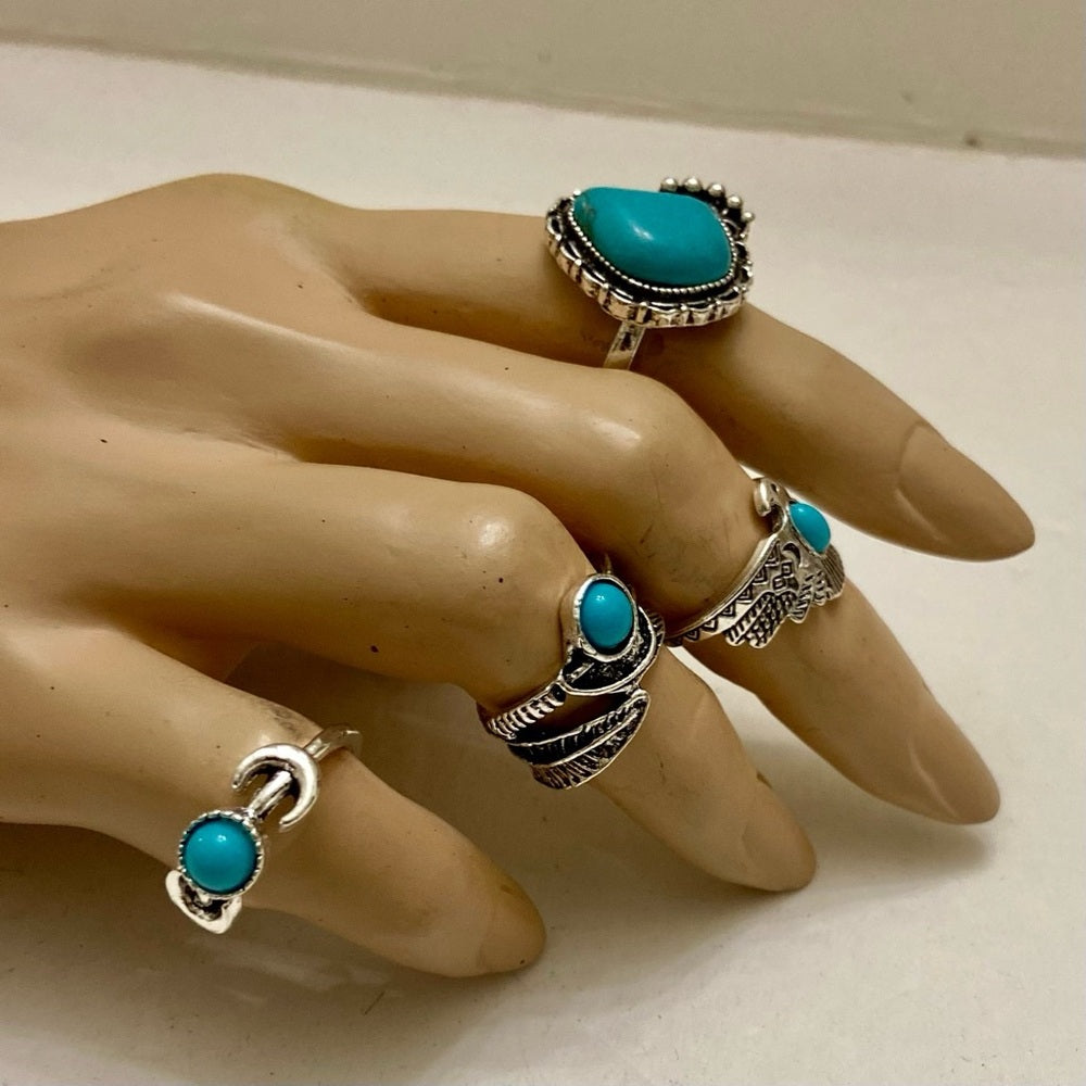 Vintage, 4pc Silver Tone- Faux Turquoise Rings (E)